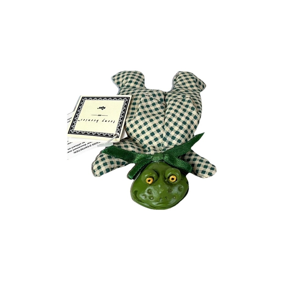 Teeny Beenies Green Gingham Frog Russ Berrie Cloth Body Ceramic Head #7075 Tags